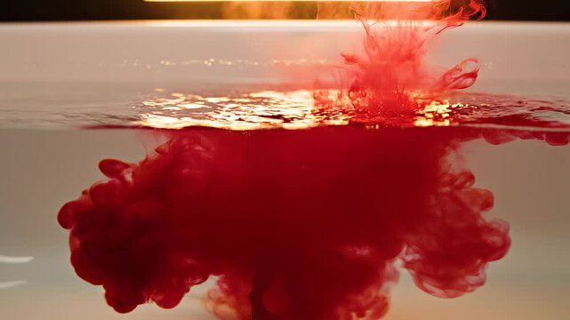 Red ink running into a bath of water with toy dinosaur