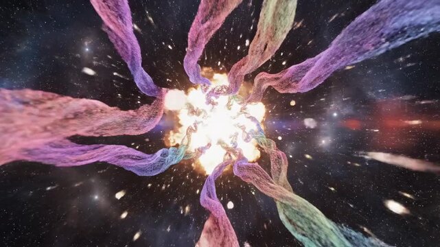 A mesmerizing cosmic explosion radiates vibrant, swirling tendrils of multicolored ethereal fabric throughout the deep expanse of the star-filled universe, representing creation and boundless