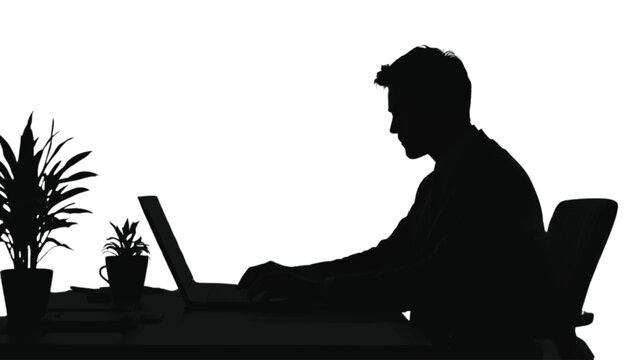 Businessman sitting at a desk and working on a laptop computer represents a professional atmosphere with a potted plant on the side for a minimalist office environment that provides enough copy space.