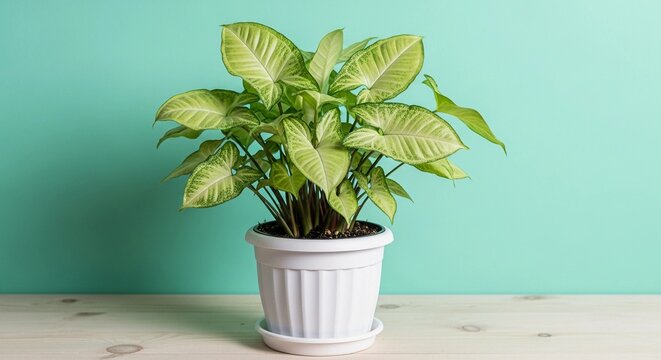 Lush syngonium plant with vibrant variegated arrow shaped leaves sits inside a clean white plastic pot resting upon a smooth light wooden surface against teal background