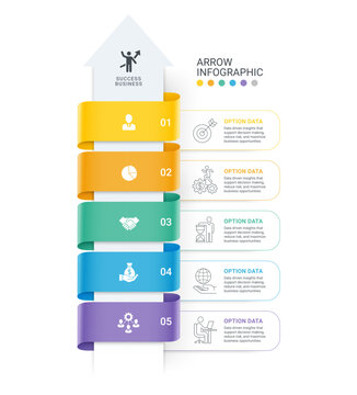 Arrow Step Infographic with Business Growth Workflow Diagram Template Background