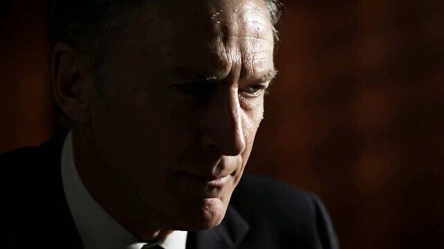Serious mature man in suit thinking in dramatic lighting or Close up of a pensive businessman looking down in a dark room