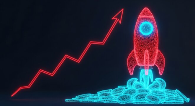 a rocket ship blasts off into the sky with a rising graph illustration