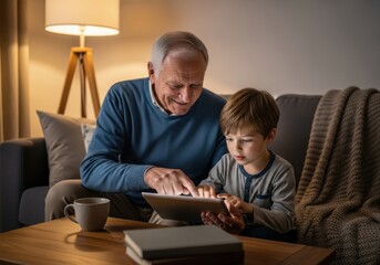 Fototapeta premium Grandfather and Grandson Using Digital Tablet Together in Cozy Living