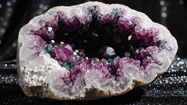 Natural purple amethyst geode crystal with green mineral inclusions on a sparkling black background.