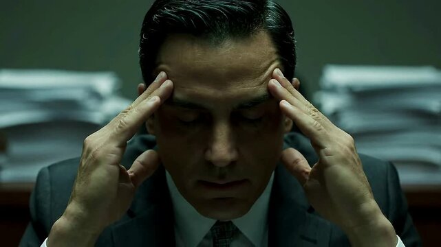 Stressed businessman massages temples for relief in office or Frustrated man in suit tries to relieve headache at work