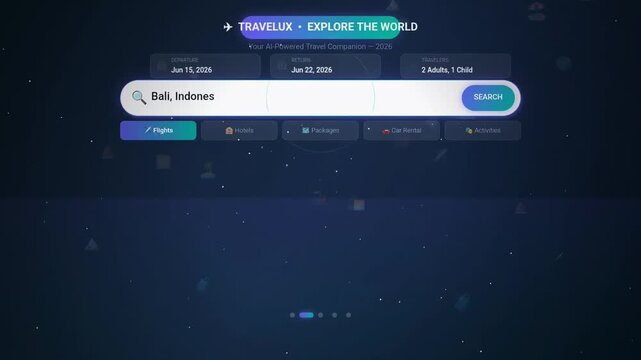 A screenshot of a modern travel application interface with a search bar showing 'Bali, Indonesia' and options for check-in, check-out, and guests.