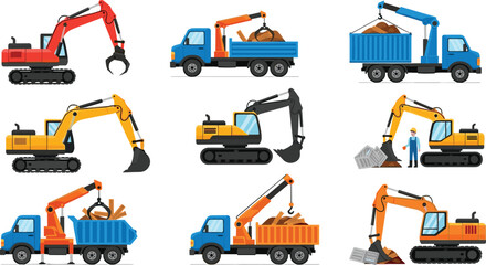 Construction Vehicle Vector Illustrations Featuring Excavators, Dump Trucks, and Heavy Equipment for Excavation and Loading © Maslima