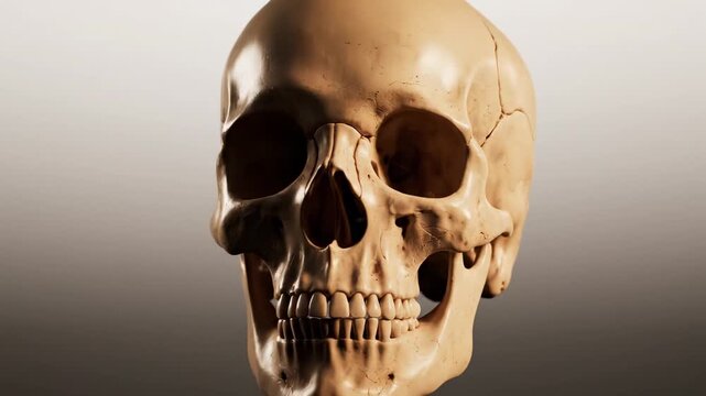 Detailed side profile of a human skull showing anatomical bone structure and teeth for medical study.