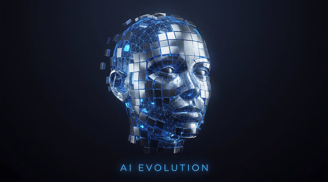 AI Evolution Futuristic Humanoid Face with Digital Metallic Geometry and Artificial Intelligence Technology Concept