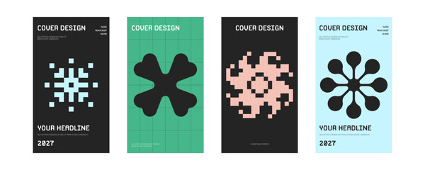 Naklejka premium Modern New Year story templates featuring pixel and bionic snowflakes in a futuristic winter style. Clean geometric compositions perfect for social media, holiday branding and festive digital content.