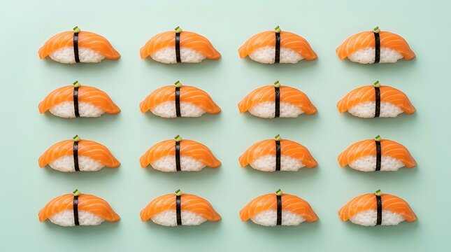Minimalist top-down view of sixteen fresh salmon nigiri sushi pieces, artfully arranged on a pastel background for a culinary presentation