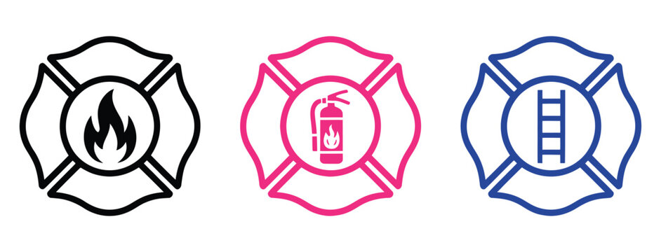 Firefighter Maltese Cross emblem icon set fire department badge St Florian symbol emergency rescue protection vector, classic firefighting insignia collection, safety and courage emblem design for 