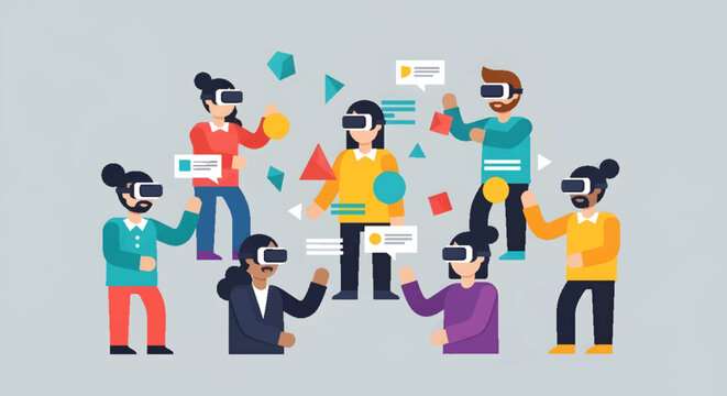 Diverse group of people wearing VR headsets interacting in a virtual reality space with digital elements and communication bubbles