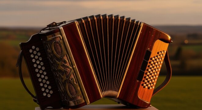 Vintage Accordion with Ornate Details and Pleated Bellows on a Wooden Surface Against a Softly Blurred Evening Sky