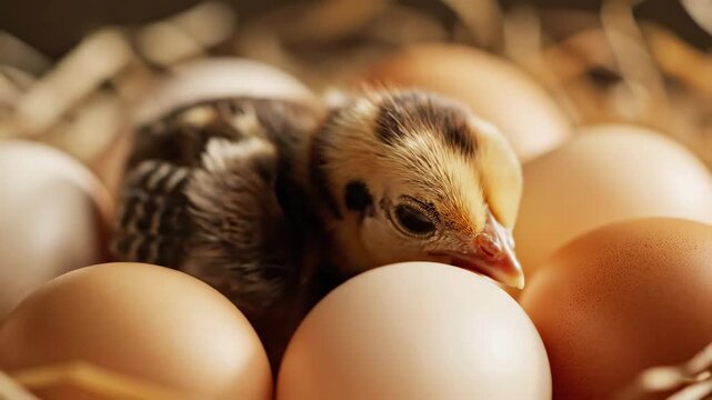 A small newborn chick sits among brown eggs in a straw nest on a poultry farm.
