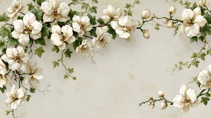 Obraz premium Vintage white floral vine border on textured background