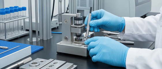 Naklejka premium A scientist wearing blue gloves operates precision equipment in a modern laboratory with test tubes and scientific instruments.