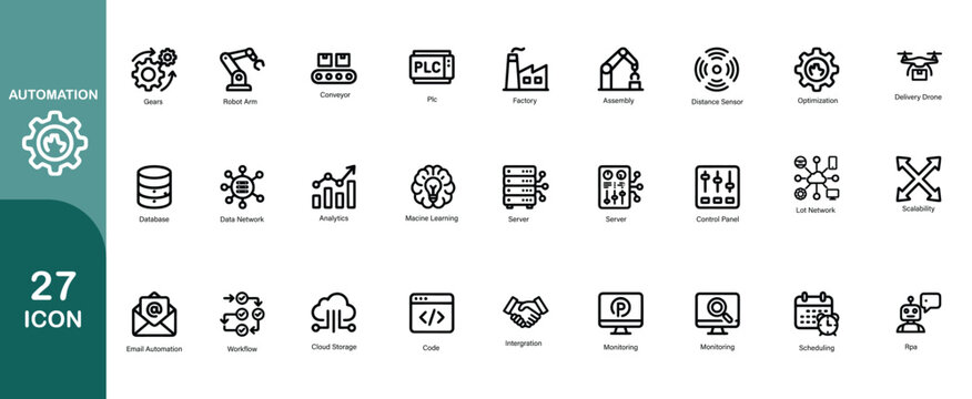 27 Automation icons set for industrial and business processes. some icons ai robot heat, ai core, thinking brain. vector illustration.
