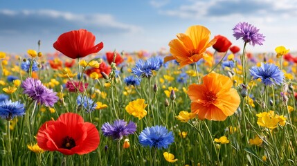 Fototapeta premium Wildflower meadow blooming with colorful poppies and cornflowers