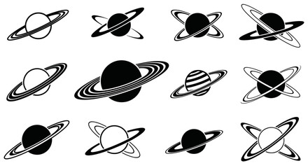 Collection of Ringed Planets Icons, Saturn-like Celestial Bodies, Cosmic Icons Set © Paidi
