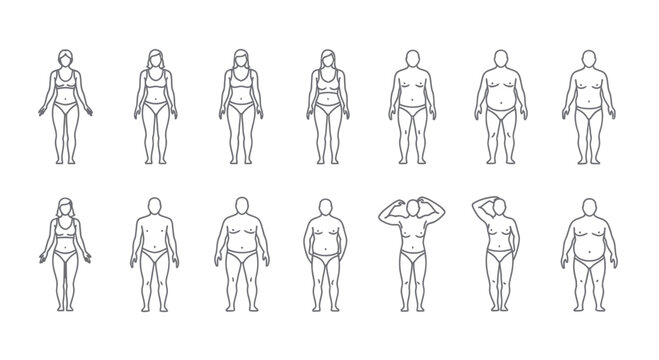 Body Type Icons: Female and Male Figures in Outline, Diverse Body Shapes