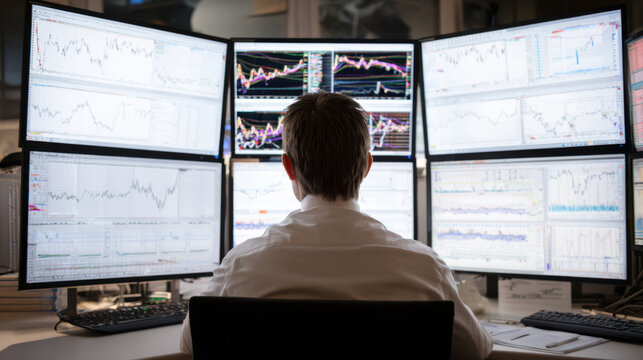 Trader analyzing stock market data on multiple monitors