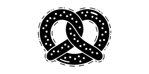 Fresh pretzel snack silhouette with salt grains for food and bakery, Four black pretzels arranged in a grid a striking silhouette, Seamless Pretzel Pattern with Black Silhouette Twisted Snack Shapes © Parboti