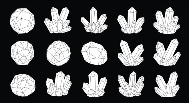 Collection of various geometric crystal shapes and mineral clusters rendered in white outlines on a black background for geological and mystical themes.