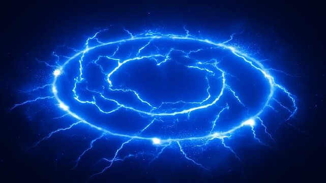 Blue electric lightning arc portal forming and disappearing on a dark background. Powerful shockwave energy effect
