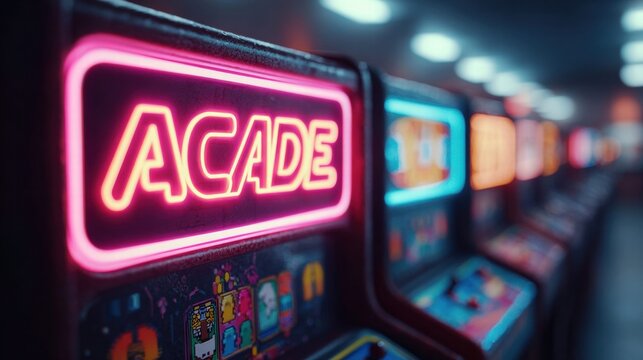 Retro arcade game room with neon lights
