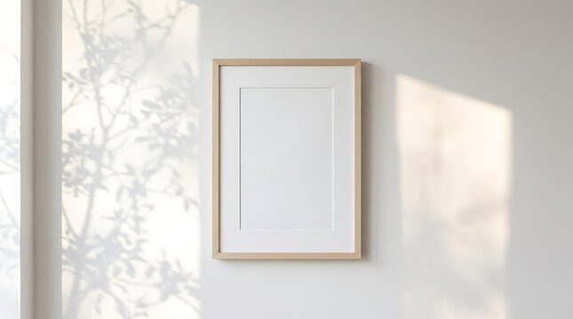 Empty framed artwork mounted on minimalist wall with natural light