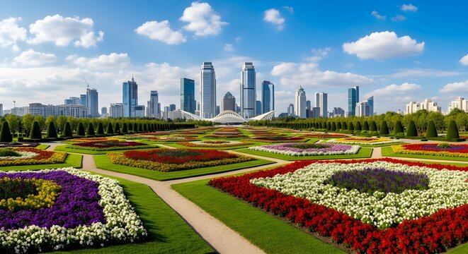 Vast urban park filled with patterned flower beds and manicured lawns stretches toward a line of gleaming skyscrapers, where winding paths invite visitors to wander through a vibrant carpet of seasona