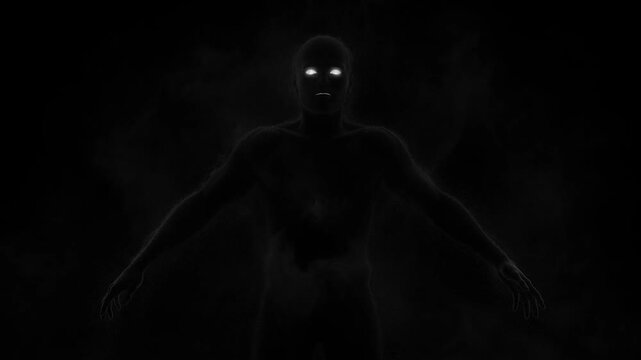 Shadowy humanoid figure with glowing eyes emerging from darkness, representing a soul, ghost, or supernatural being