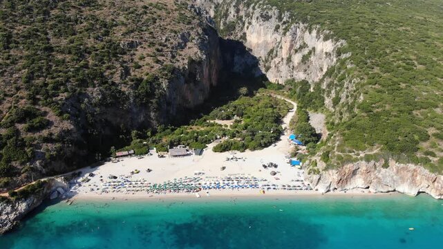 Summer day on Gjipe Beach on Ionian Sea in Albania. Drone point of view.