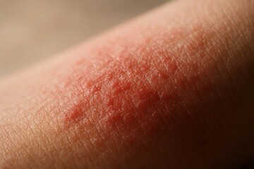 Fototapeta premium Macro of red irritated skin rash on human arm, closeup dermatology texture and allergy reaction.