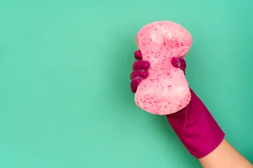 Hand in pink cleaning glove holding soapy pink sponge © GVS