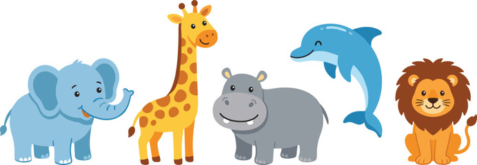 Naklejka premium Cute Cartoon Safari and Ocean Animals Set with Elephant, Giraffe, Hippo, Dolphin, and Lion for Kids Designs