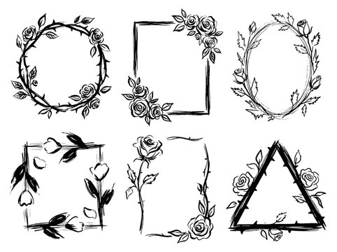 Rose flower line art frames collection, minimalist expressive brush strokes for branding and packaging