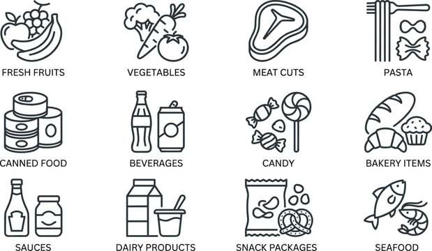 Grocery store food categories icon set with fresh produce meat dairy and snacks line art vector