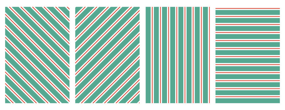 Green and white diagonal stripe pattern background set vector. Multicolor line direction seamless texture collection design. Retro geometric graphic for fabric and wallpaper use.
