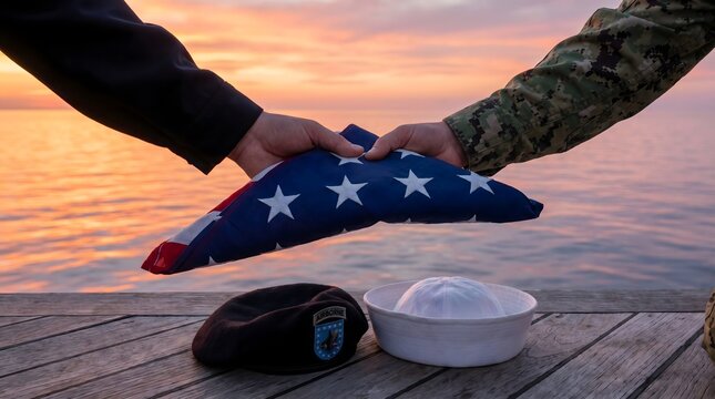 Military personnel folding american flag on dock at sunset ceremony.
