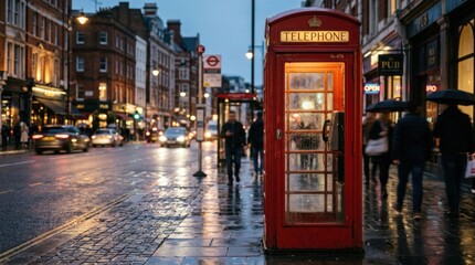 Naklejka premium Rainy evening in London. A bright red telephone booth stands prominently in a wet city street.
