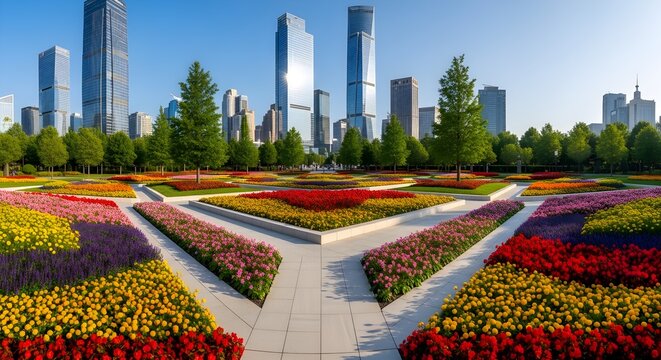 Symmetrical flower avenues radiate from a central plaza in a contemporary city park, where vivid rows of red, orange, yellow and pink blooms lead the eye toward tall gleaming skyscrapers framed by lus