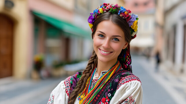 Woman wearing traditional dress and Hora de la Prislop headpiece on city street