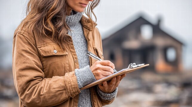 Woman assessing fire damage to a house