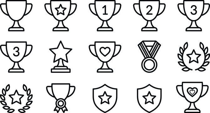 Achievement trophy and award icon collection featuring medals, shields, stars, ranking cups, and winner vector illustration symbols