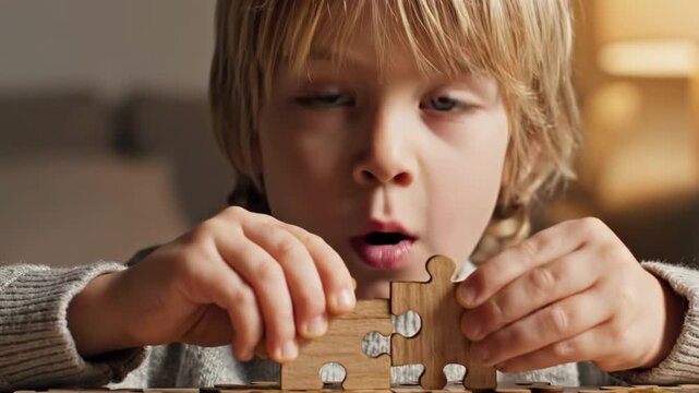 Young boy concentrating while assembling wooden jigsaw puzzle pieces indoors