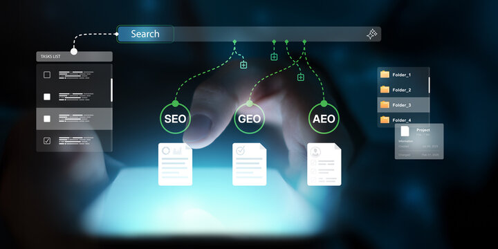 Search Analytics Workflow Showing SEO GEO AEO Optimization Strategy and Website Visibility Tracking.
