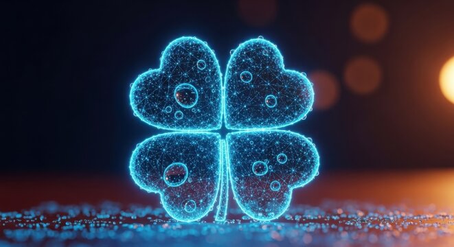 a blue glowing four leaf clover on a dark background illustration